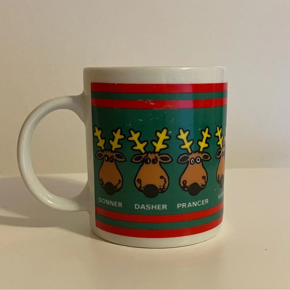 Vintage 1986 Houston Foods Reindeer With Names Green And Red Mug - Picture 1 of 8